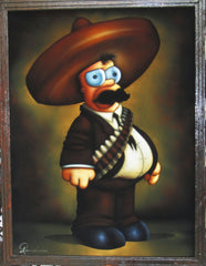 Homer Simpson as Emiliano Zapata portrait,  Oil Painting Portrait on Black Velvet; Original Oil painting on Black Velvet by Arturo Ramirez - #R1