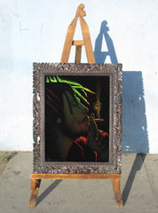 Bob Marley Portrait in Rasta colors,  Oil Painting Portrait on Black Velvet; Original Oil painting on Black Velvet by Arturo Ramirez - #R4