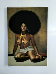 Nude, Black Afro Woman 70's vintage style Original Oil painting Velvet(24"x36") R60