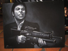 Tony Montana with gun Portrait on Black Velvet; Original Oil painting on Black Velvet by Arturo Ramirez - #R8