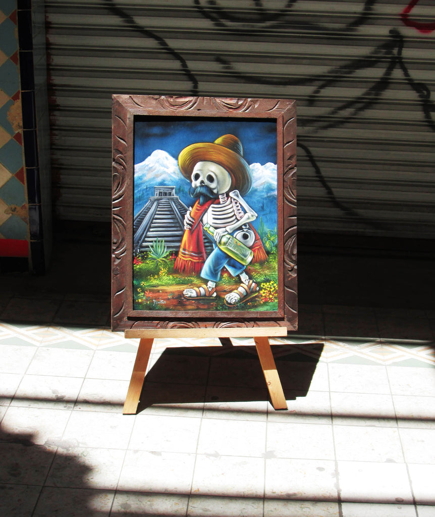 Calavera de Francisco I. Madero (Calavera of Francisco Madero) ; Original Oil painting on Black Velvet by Santos Llamas- #SA02