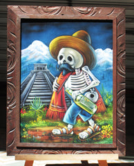 Calavera de Francisco I. Madero (Calavera of Francisco Madero) ; Original Oil painting on Black Velvet by Santos Llamas- #SA02