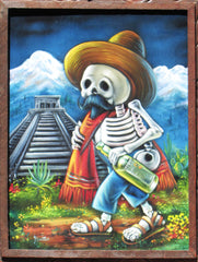 Calavera de Francisco I. Madero (Calavera of Francisco Madero) ; Original Oil painting on Black Velvet by Santos Llamas- #SA02
