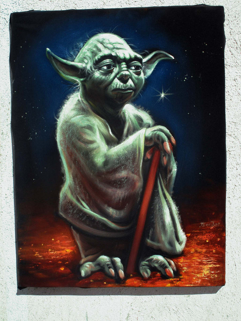 Yoda ; Star Wars; Original Oil painting on Black Velvet by Santos Llamas- #SA100