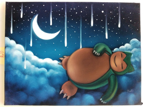Snorlax, Kabigon,  Japanese Pokémon : Original oil painting on black velvet by Santos Llamas size (24"x18") #sa161