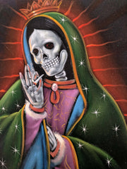 Virgin of Guadalupe  Calavera Skull smoking weed, Mexican Religious art Original Oil Painting Black Velvet SA178