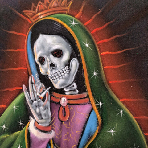 Virgin of Guadalupe  Calavera Skull smoking weed, Mexican Religious art Original Oil Painting Black Velvet SA178