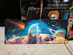 Diptych (2 PAINTINGS )- Planetary Space Meteor Panoramic Original Oil Painting Black Velvet px SA179