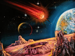 Diptych (2 PAINTINGS )- Planetary Space Meteor Panoramic Original Oil Painting Black Velvet px SA179