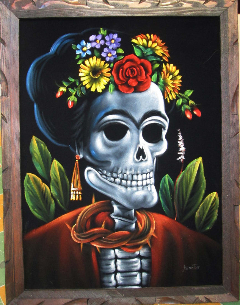 Calavera de Frida Kahlo; Original Oil painting on Black Velvet by Santos Llamas- #SA33