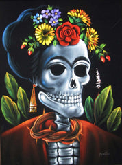 Calavera de Frida Kahlo; Original Oil painting on Black Velvet by Santos Llamas- #SA33