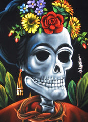 Calavera de Frida Kahlo; Original Oil painting on Black Velvet by Santos Llamas- #SA33