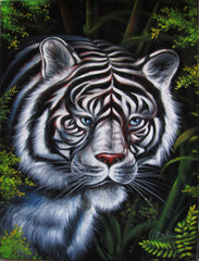 White tiger portrait ; Original Oil painting on Black Velvet by Santos Llamas- #SA35