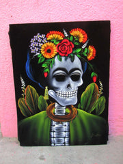Calavera de Frida Kahlo; Original Oil painting on Black Velvet by Santos Llamas- #SA37