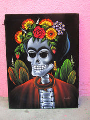 Calavera de Frida Kahlo; Original Oil painting on Black Velvet by Santos Llamas- #SA38