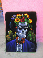 Calavera de Frida Kahlo; Original Oil painting on Black Velvet by Santos Llamas- #SA39