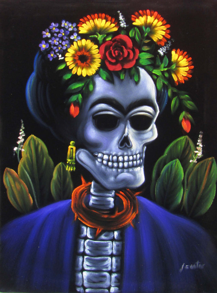 Calavera de Frida Kahlo; Original Oil painting on Black Velvet by Santos Llamas- #SA39