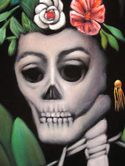 Calavera de Frida Kahlo; Original Oil painting on Black Velvet by Santos Llamas- #SA60
