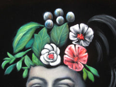 Calavera de Frida Kahlo; Original Oil painting on Black Velvet by Santos Llamas- #SA60