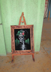 Calavera de Frida Kahlo; Original Oil painting on Black Velvet by Santos Llamas- #SA60