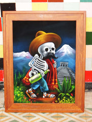 Calavera de Francisco I. Madero (Calavera of Francisco Madero) ; Original Oil painting on Black Velvet by Santos Llamas- #SA64
