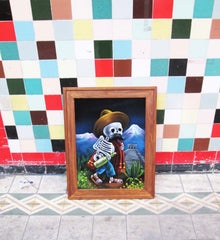 Calavera de Francisco I. Madero (Calavera of Francisco Madero) ; Original Oil painting on Black Velvet by Santos Llamas- #SA64