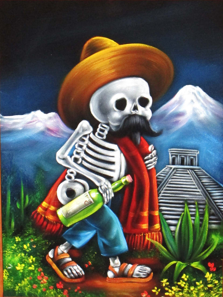 Calavera de Francisco I. Madero (Calavera of Francisco Madero) ; Original Oil painting on Black Velvet by Santos Llamas- #SA64