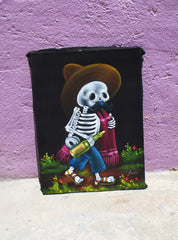 Calavera de Francisco I. Madero (Calavera of Francisco Madero) ; Original Oil painting on Black Velvet by Santos Llamas- #SA92