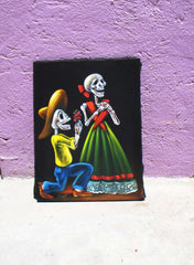 Calavera; Ni Aqui te Olvidare! ... (I will not Forget You even from Here! ...) ; Original Oil painting on Black Velvet by Santos Llamas- #SA93