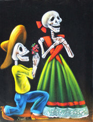 Calavera; Ni Aqui te Olvidare! ... (I will not Forget You even from Here! ...) ; Original Oil painting on Black Velvet by Santos Llamas- #SA93