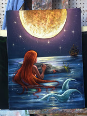 The Little Mermaid, Ariel; Original Oil painting on Black Velvet by Santos Llamas- #SA96
