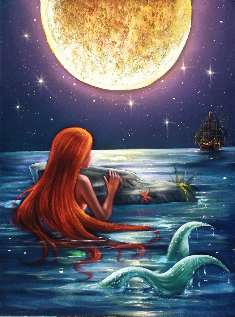 The Little Mermaid, Ariel; Original Oil painting on Black Velvet by Santos Llamas- #SA96