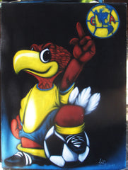 Club America Mexican Soccer Team Mascot and Logo, NFL Original Oil Painting on Black Velvet by Enrique Felix , "Felix" - #F138