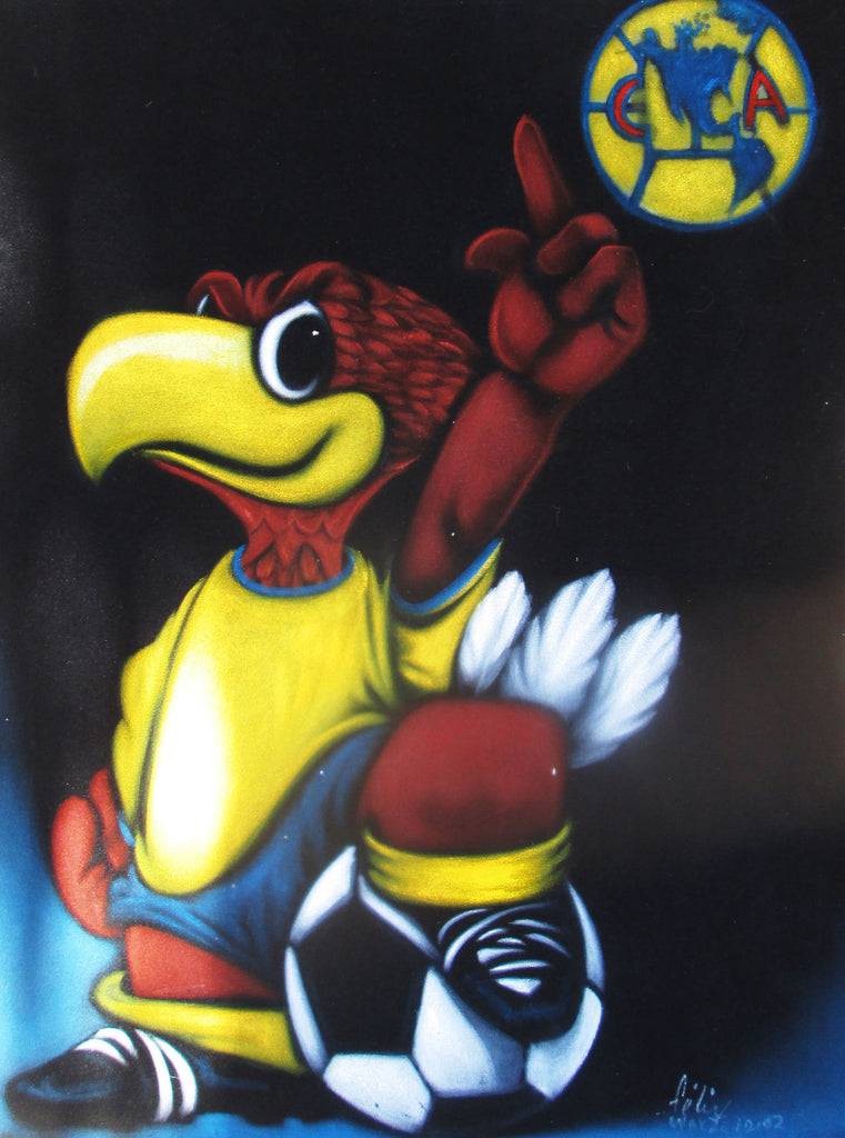 Club America Mexican Soccer Team Mascot and Logo, NFL Original Oil Painting on Black Velvet by Enrique Felix , "Felix" - #F138