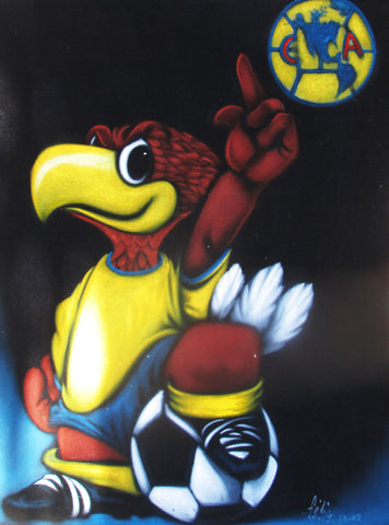 Club America Mexican Soccer Team Mascot and Logo, NFL Original Oil Painting on Black Velvet by Enrique Felix , "Felix" - #F138