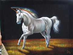 Unicorn,  White magical rainbow Unicorn, Original Oil Painting on Black Velvet by Enrique Felix , "Felix" - #F143