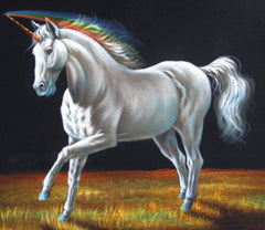 Unicorn,  White magical rainbow Unicorn, Original Oil Painting on Black Velvet by Enrique Felix , "Felix" - #F143