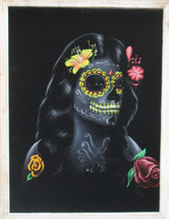Sugar Skull fluorescent Face paint girl, Day of the Dead (Día de los Muertos), Original Oil Painting on Black Velvet by Enrique Felix , "Felix" - #F155