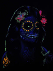 Sugar Skull fluorescent Face paint girl, Day of the Dead (Día de los Muertos), Original Oil Painting on Black Velvet by Enrique Felix , "Felix" - #F155