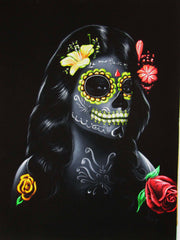 Sugar Skull fluorescent Face paint girl, Day of the Dead (Día de los Muertos), Original Oil Painting on Black Velvet by Enrique Felix , "Felix" - #F155