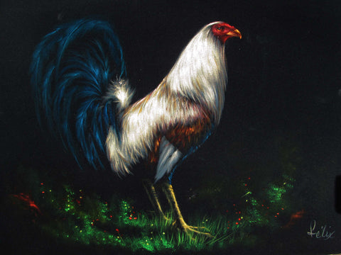 Rooster, White and Blue Mexican Cock,  Original Oil Painting on Black Velvet by Enrique Felix , "Felix" - #F158