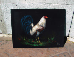Rooster, White and Blue Mexican Cock,  Original Oil Painting on Black Velvet by Enrique Felix , "Felix" - #F158
