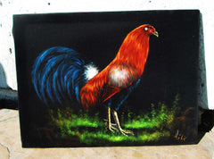 Rooster, Red and Blue Mexican Cock,  Original Oil Painting on Black Velvet by Enrique Felix , "Felix" - #F159
