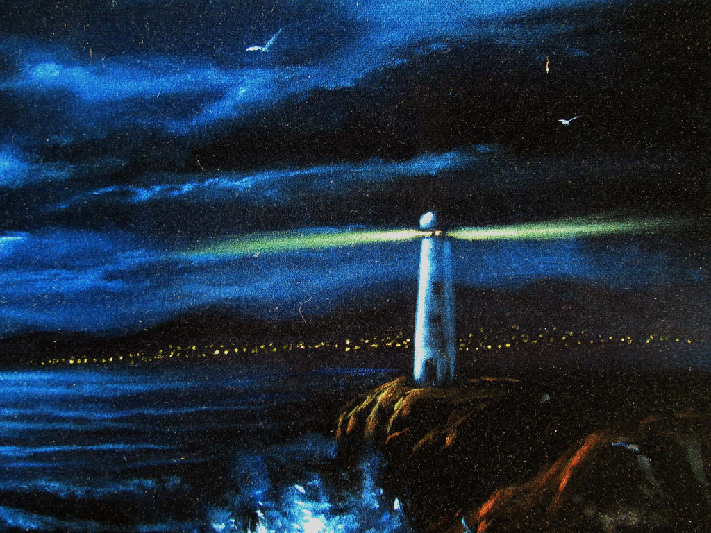 Lighthouse and Storm, Seascape,  Original Oil Painting on Black Velvet by Enrique Felix , "Felix" - #F161