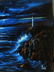 Lighthouse and Storm, Seascape,  Original Oil Painting on Black Velvet by Enrique Felix , "Felix" - #F161