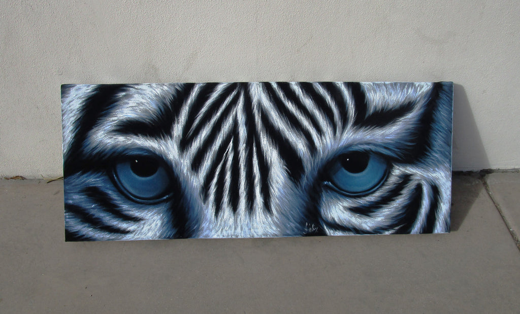 Tiger Eyes, White Tiger Eyes  Original Oil Painting on Black Velvet by Enrique Felix , "Felix" - #F190