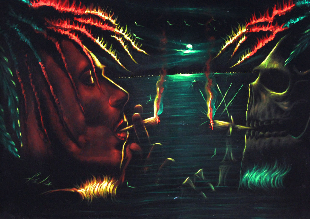 Bob Marley and Skull Smoking,  Original Oil Painting on Black Velvet by Enrique Felix , "Felix" - #F49