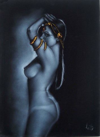 Nude, Sexy Egyptian Playboy Nude in Grey-scale,  Original Oil Painting on Black Velvet by Enrique Felix , "Felix" - #F90