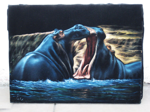 Hippo, Hippopotamus, Original Oil Painting on Black Velvet by Enrique Felix , "Felix" - #F14