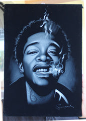 Wiz Khalifa portrait; rapper; Cameron Jibril Thomaz;  Original Oil painting on Black Velvet by Zenon Matias Jimenez- #JM114